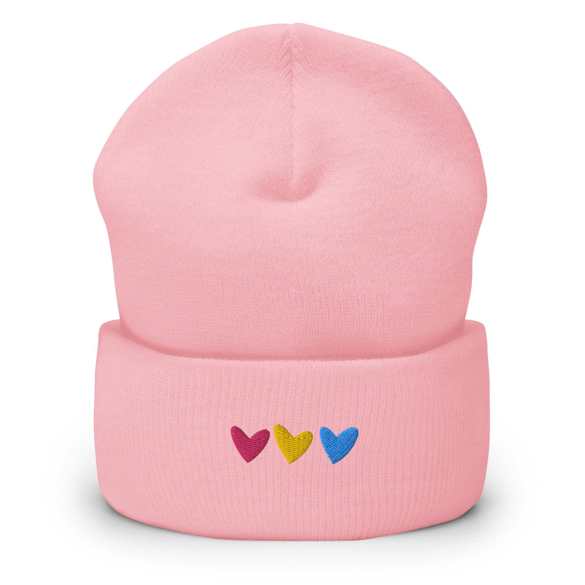 Gorro con puños bordados con corazones pansexuales