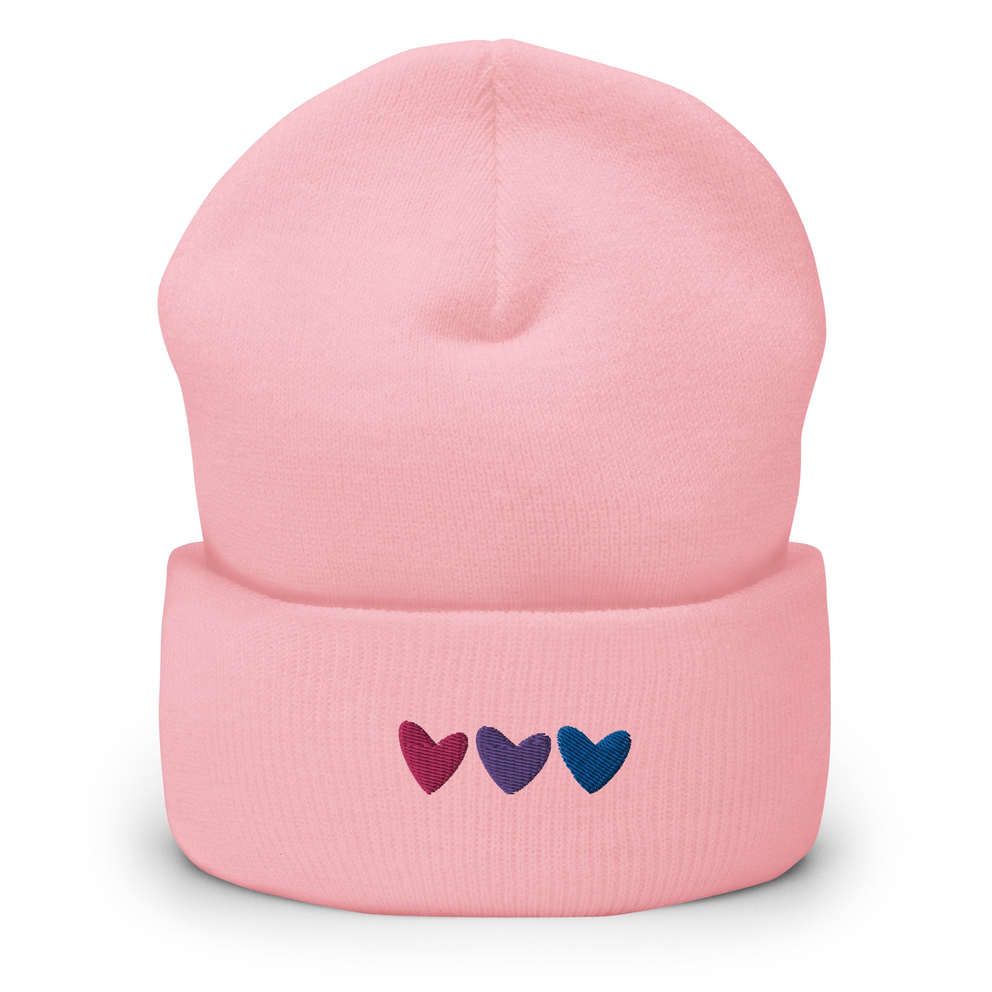 Gorro con puños bordados con corazones bisexuales