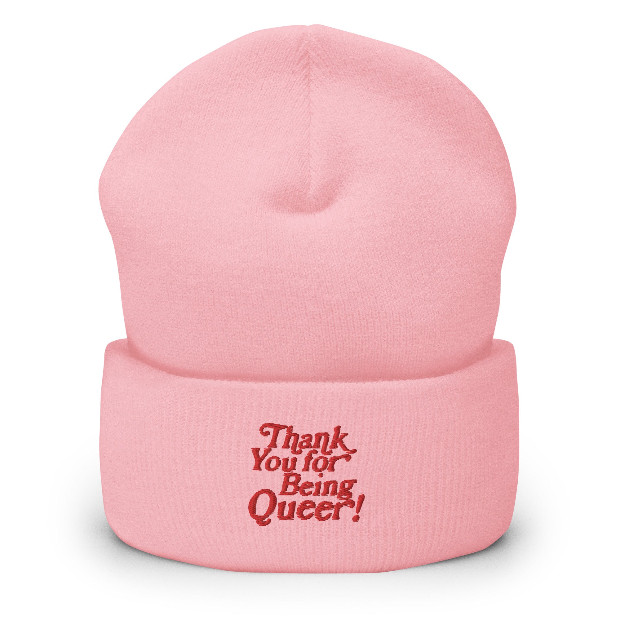 Gorro con puños bordados con la frase "Gracias por ser queer"