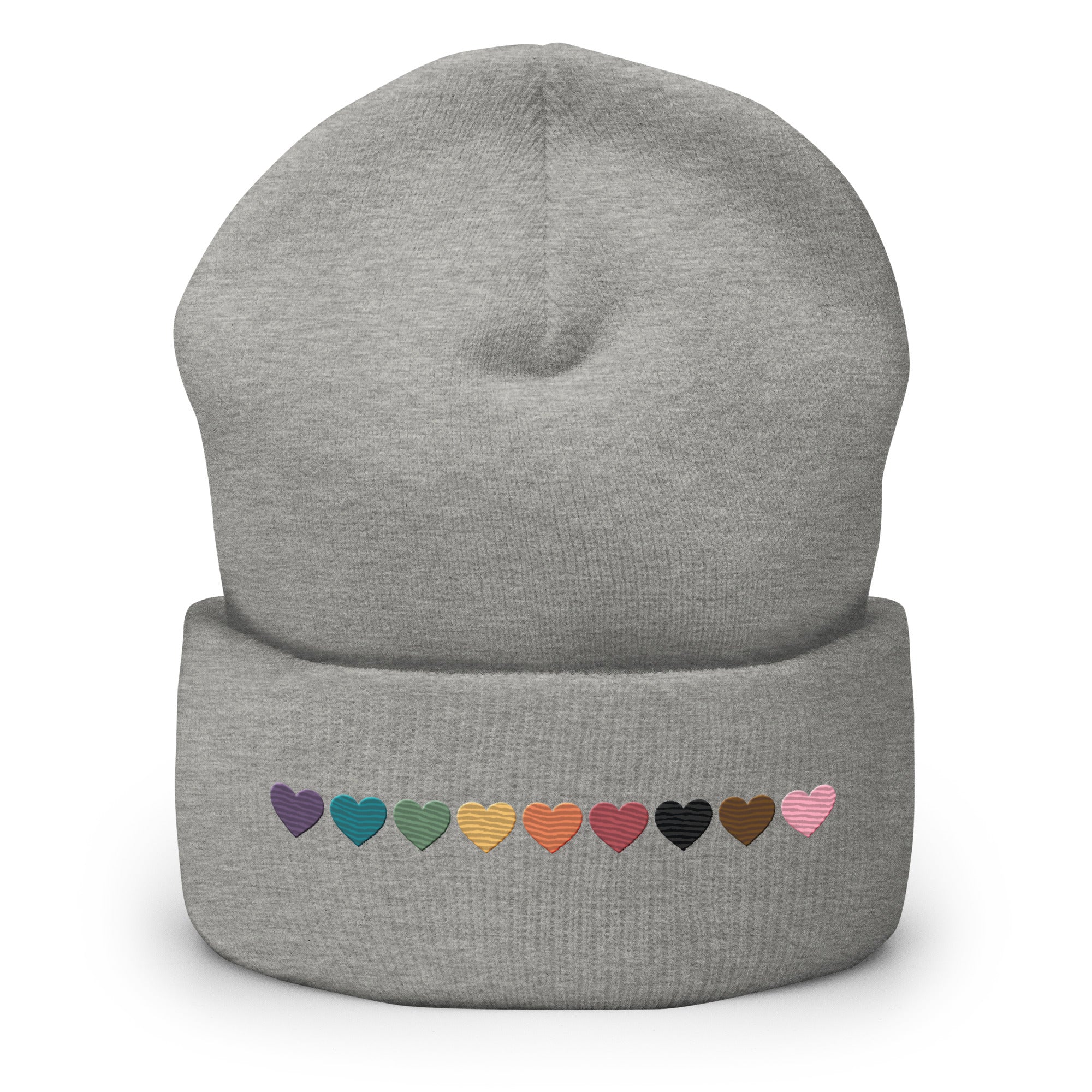 Progressive Pride Rainbow Hearts Embroidered Cuffed Beanie