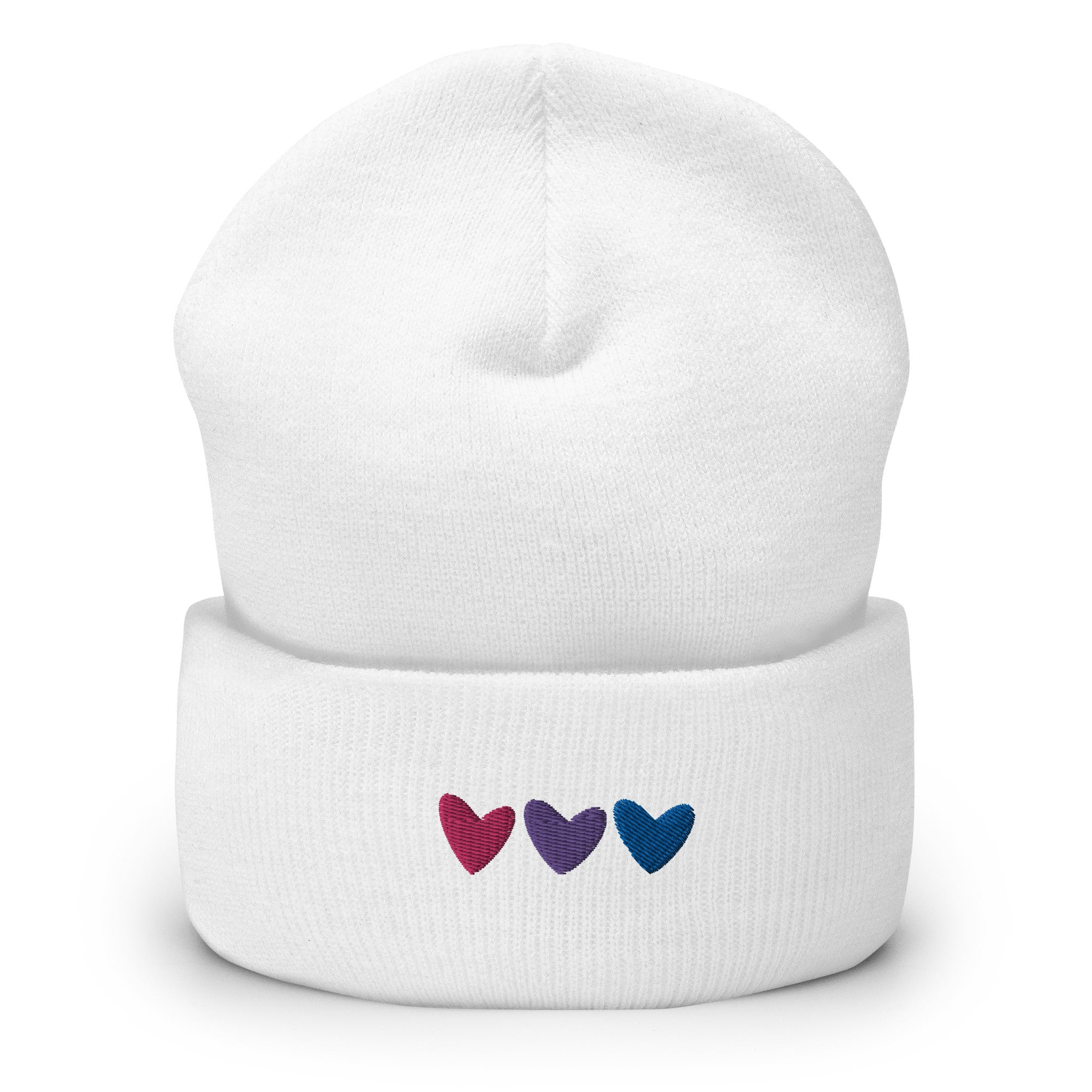 Gorro con puños bordados con corazones bisexuales