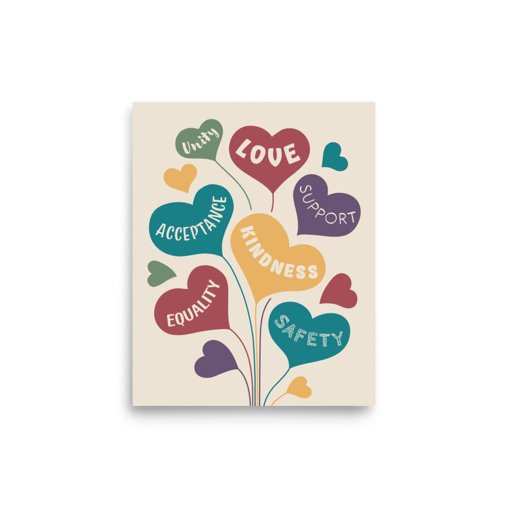 Póster de globos y corazones de arcoíris