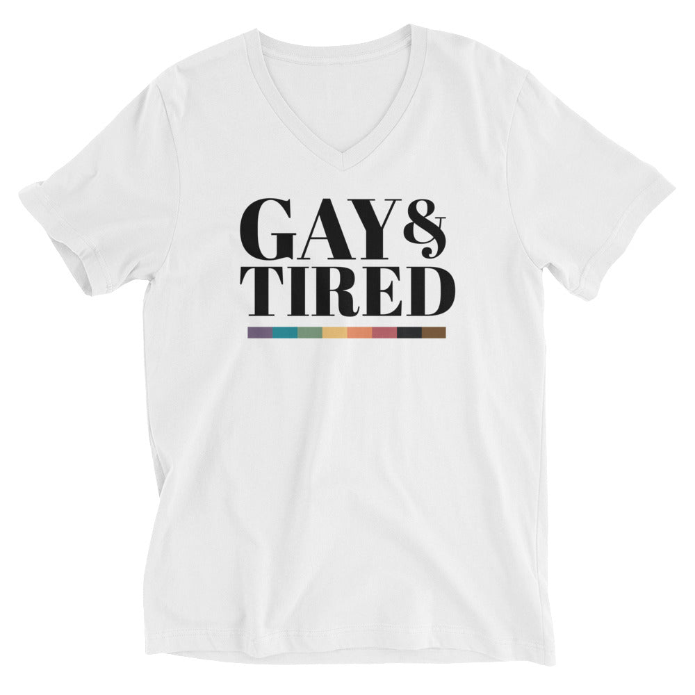 Camiseta unisex de cuello en V corta Gay & Tired