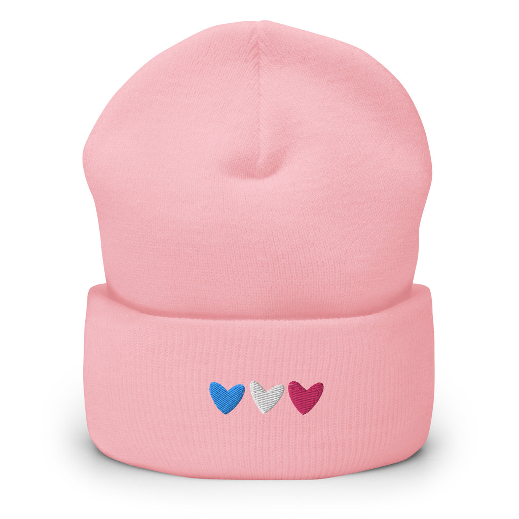 Gorro con puños bordados con corazones trans