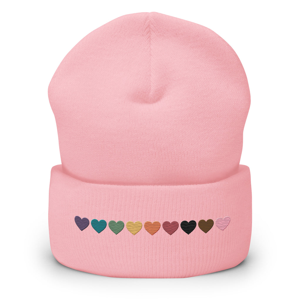 Progressive Pride Rainbow Hearts Embroidered Cuffed Beanie