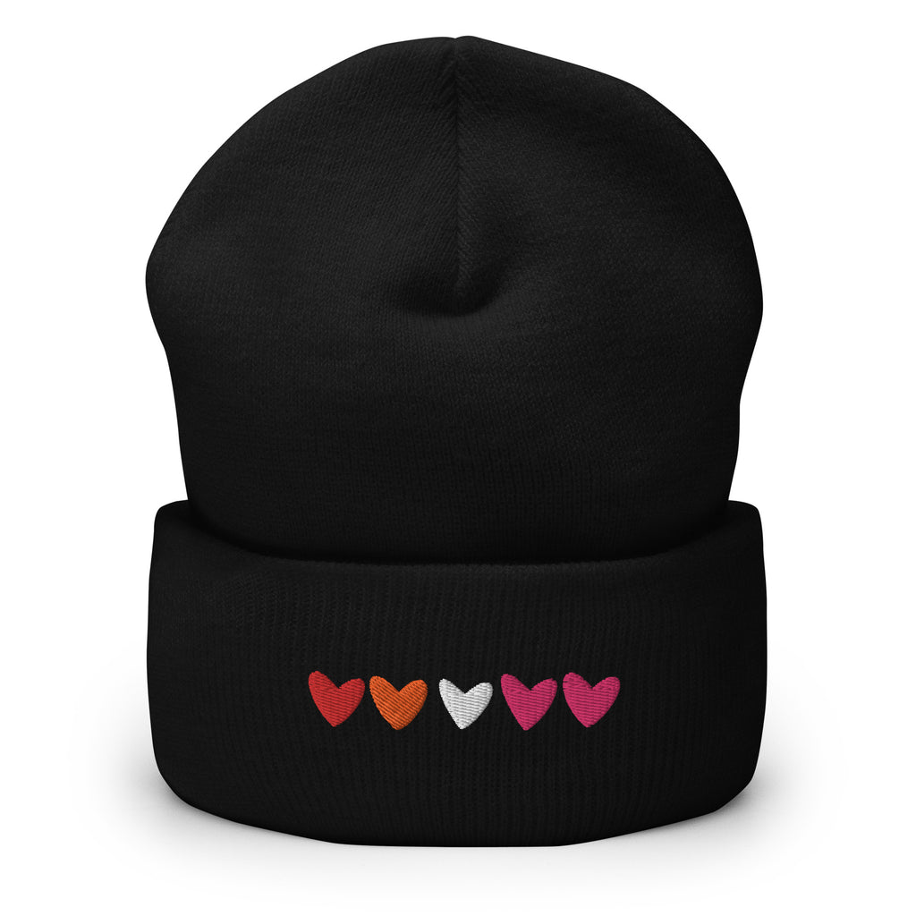 Gorro con puños bordados con corazones lésbicos