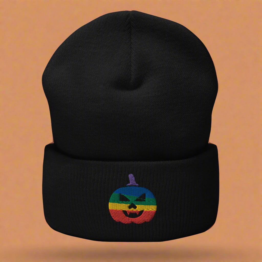 Rainbow Jack-O'-Lantern Halloween Embroidered Cuffed Beanie