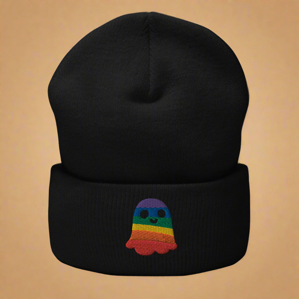 Rainbow Ghost Halloween Embroidered Cuffed Beanie