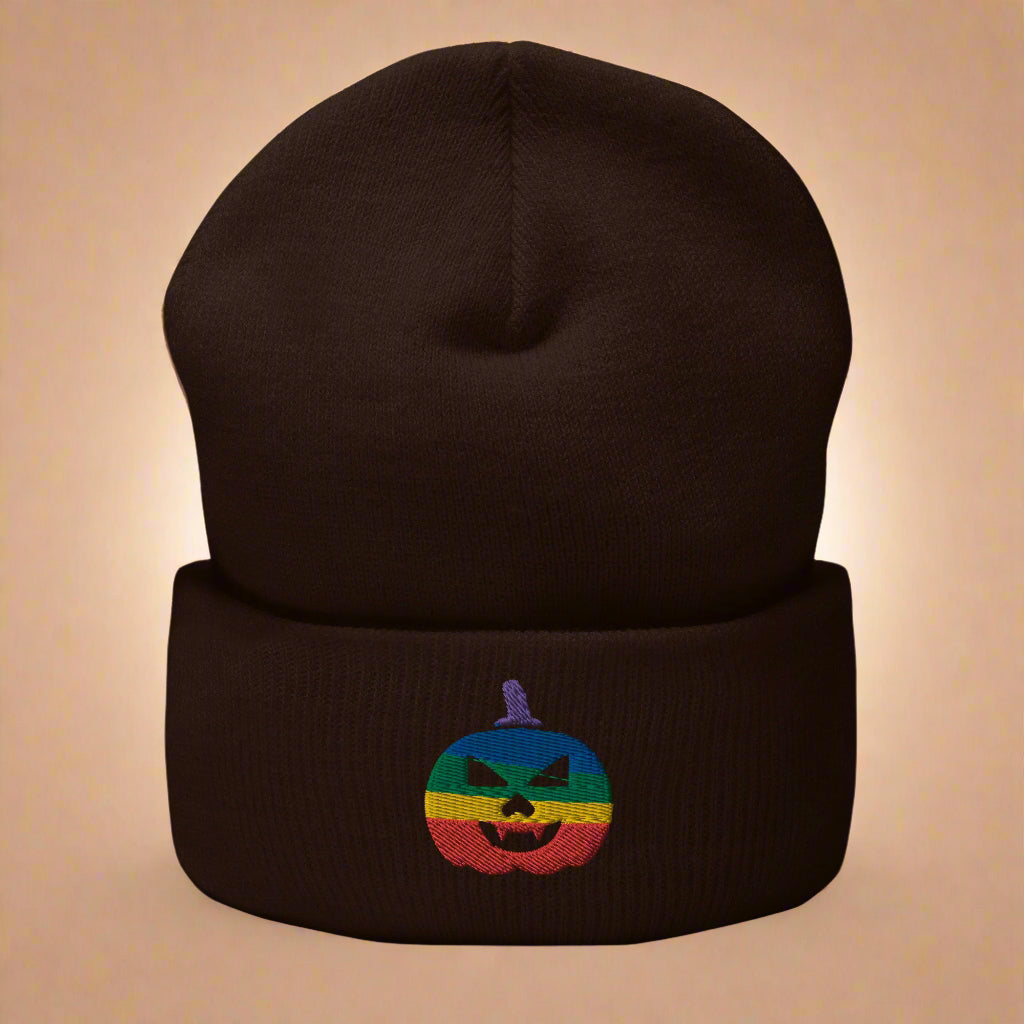 Rainbow Jack-O'-Lantern Halloween Embroidered Cuffed Beanie