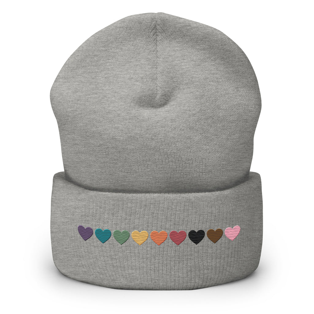 Progressive Pride Rainbow Hearts Embroidered Cuffed Beanie