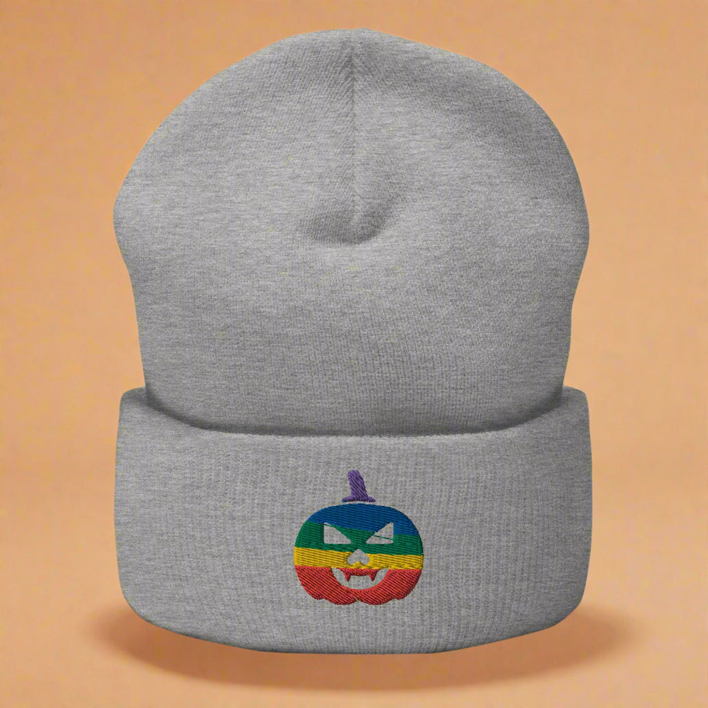Rainbow Jack-O'-Lantern Halloween Embroidered Cuffed Beanie