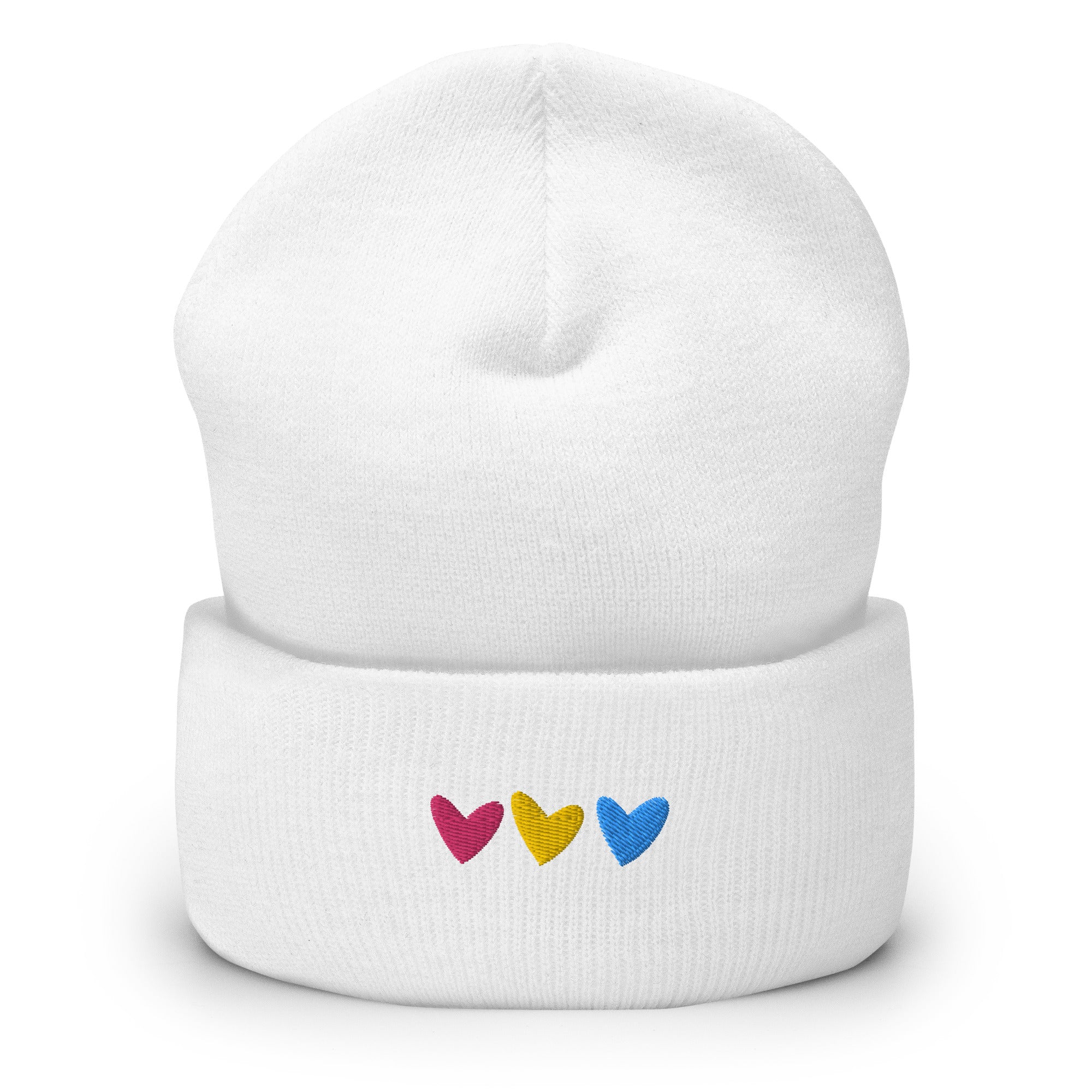 Gorro con puños bordados con corazones pansexuales