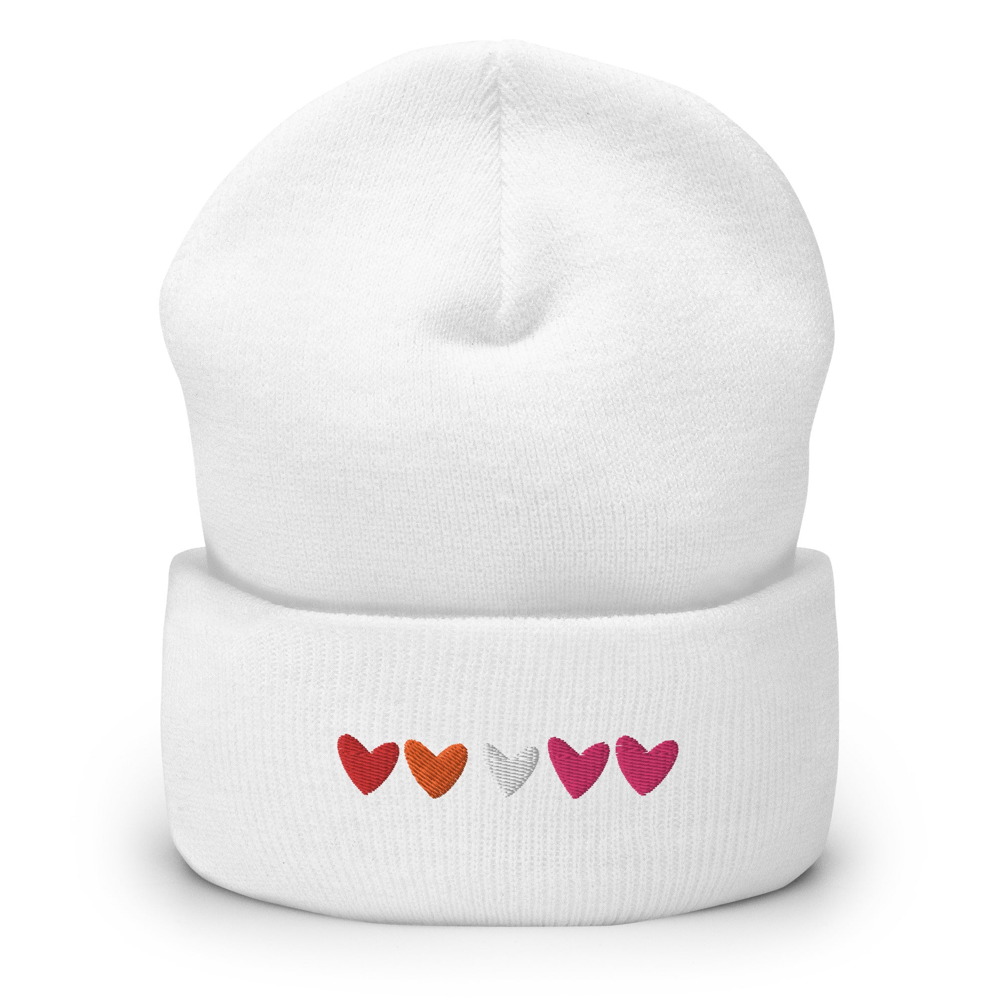 Gorro con puños bordados con corazones lésbicos