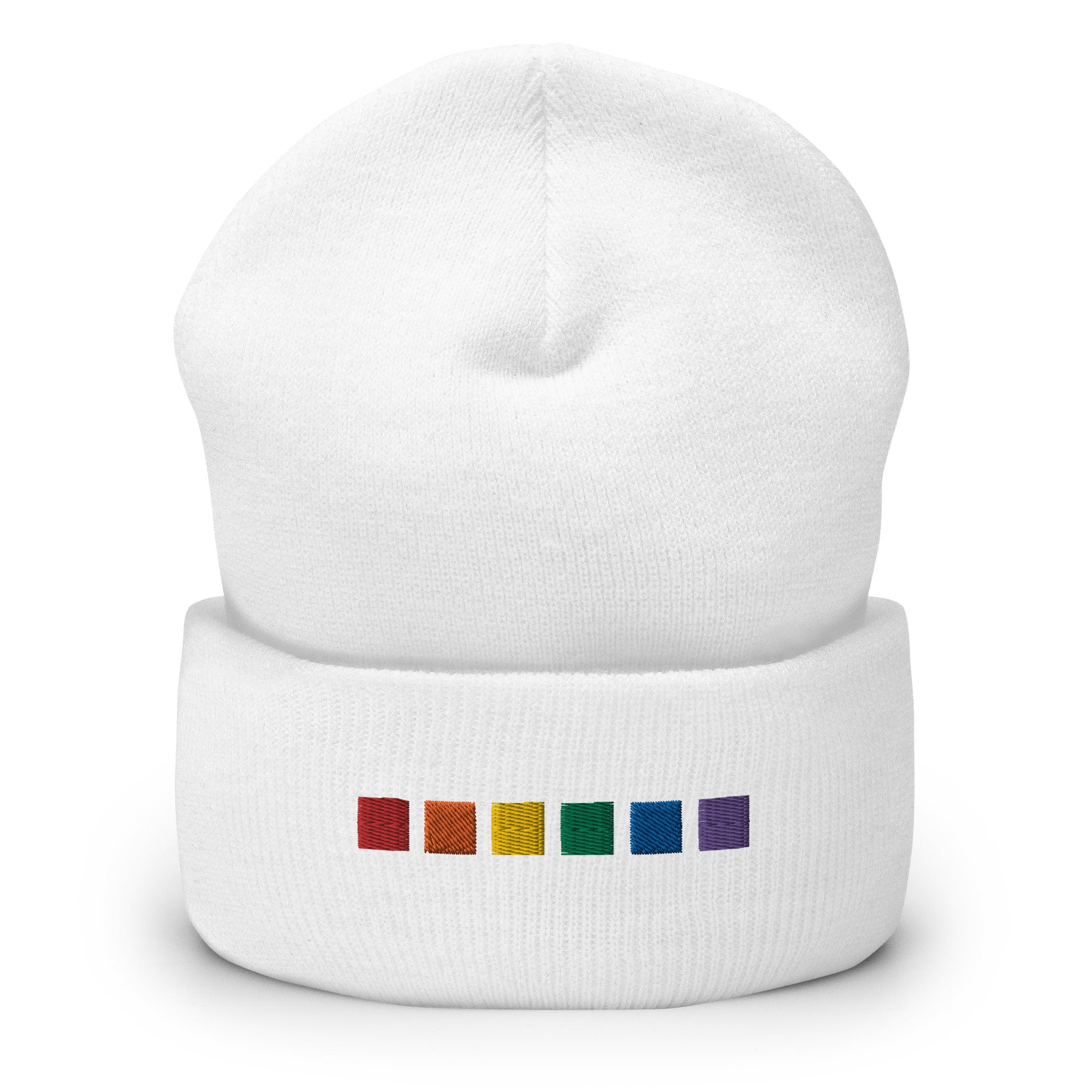 Gorro con puños bordados con cuadrados de arcoíris