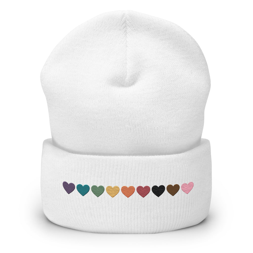 Progressive Pride Rainbow Hearts Embroidered Cuffed Beanie