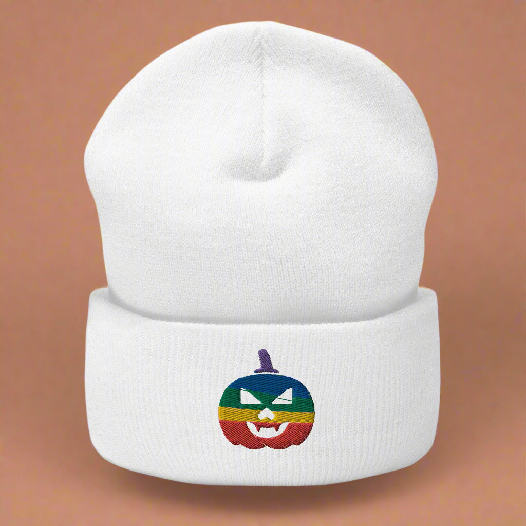 Rainbow Jack-O'-Lantern Halloween Embroidered Cuffed Beanie