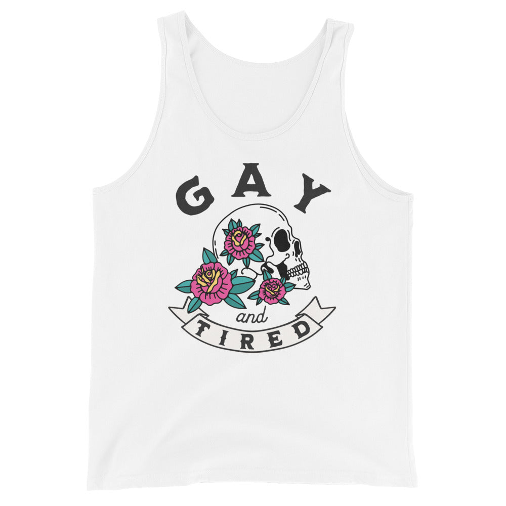 Camiseta sin mangas unisex con calavera gay y cansada