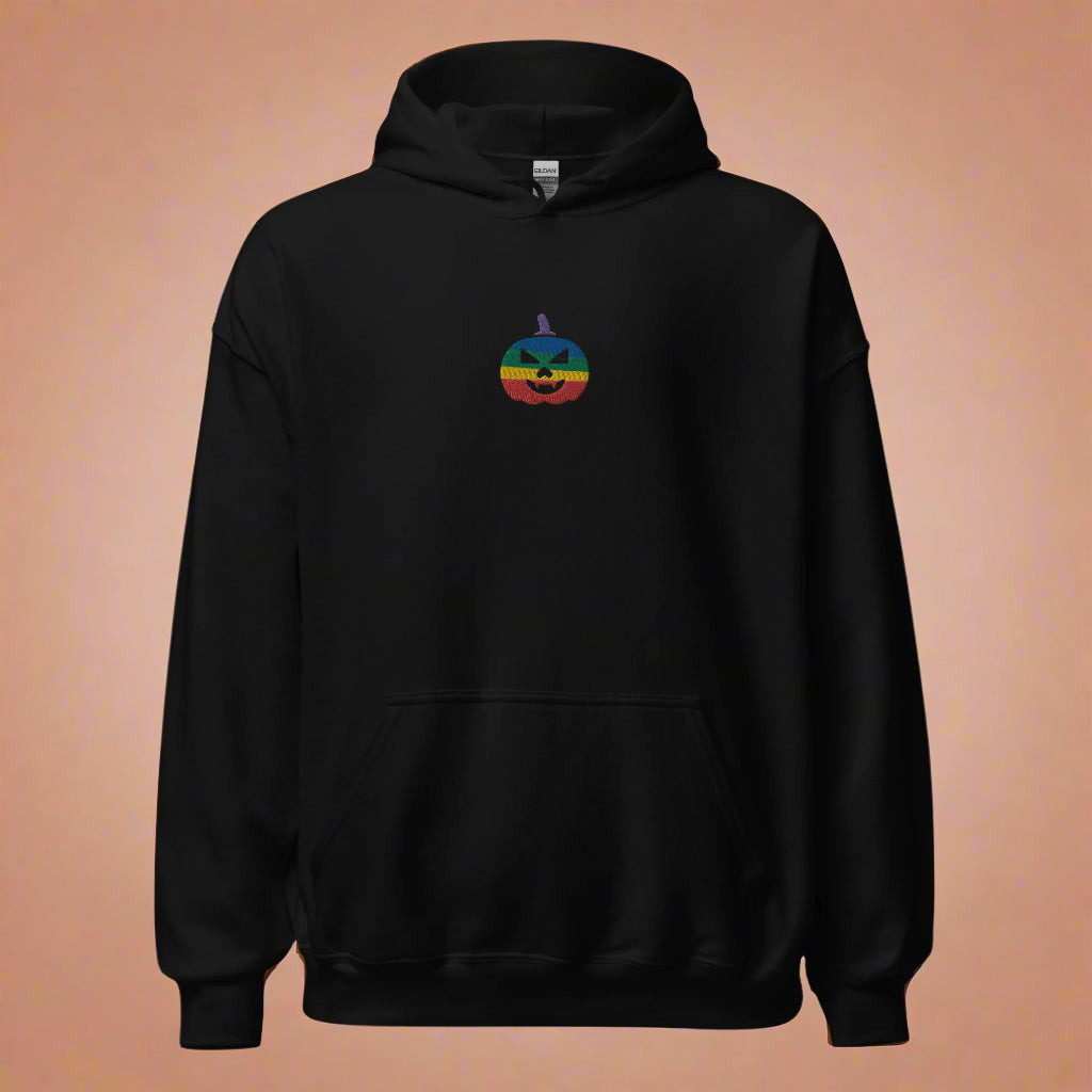Sudadera unisex con capucha bordada con calabaza de Halloween y arcoíris