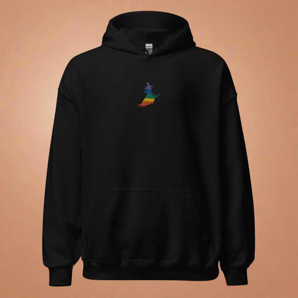 Sudadera unisex con capucha bordada de Halloween con bruja arcoíris