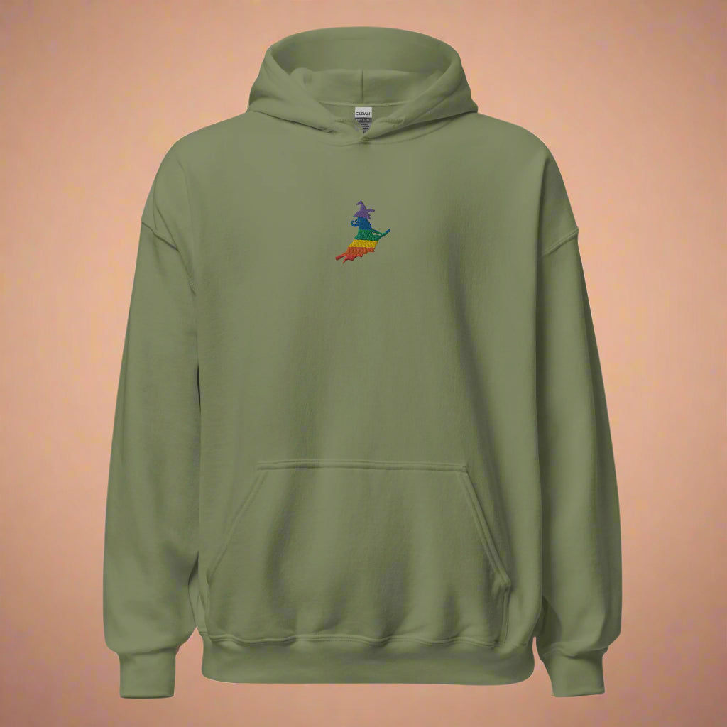 Sudadera unisex con capucha bordada de Halloween con bruja arcoíris