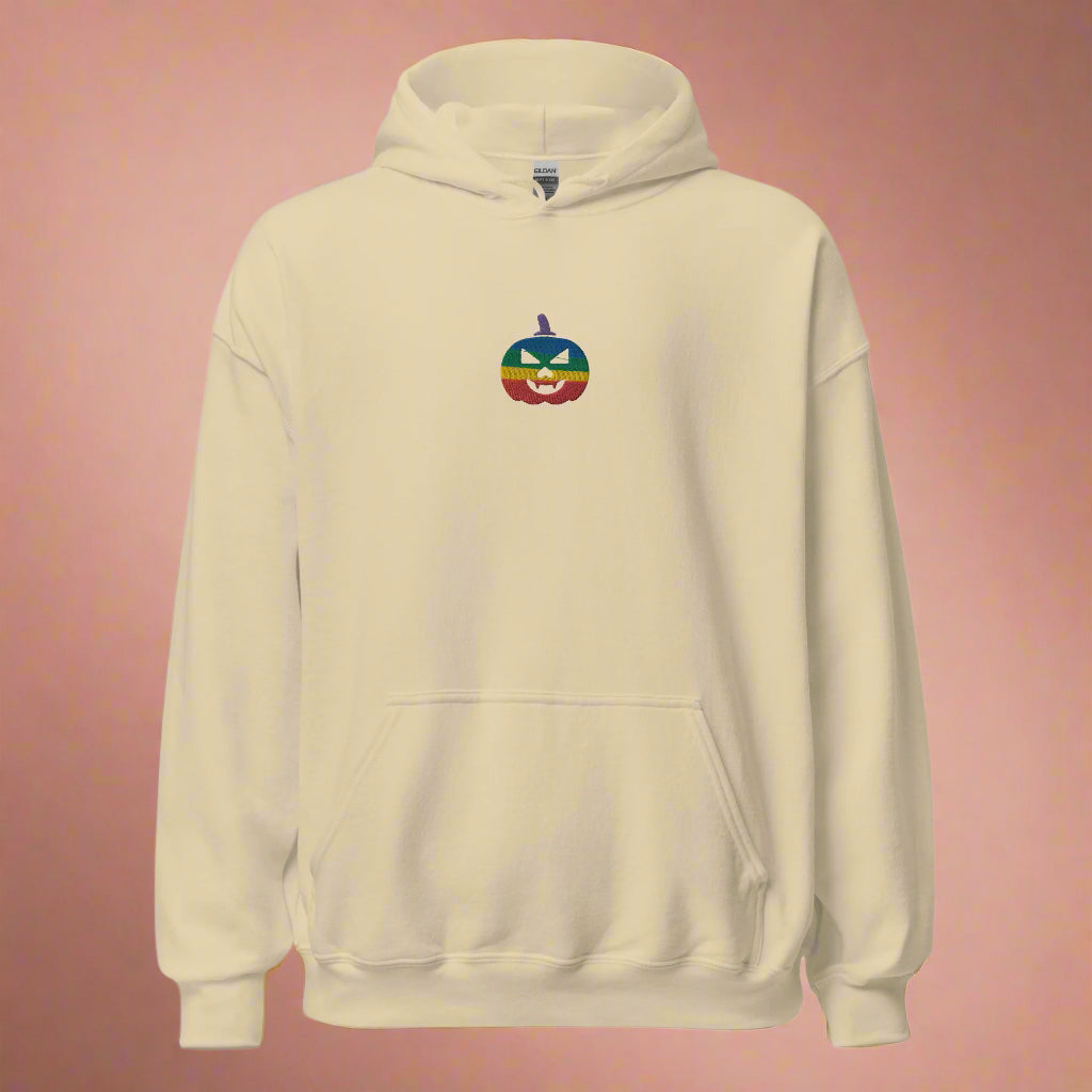 Sudadera unisex con capucha bordada con calabaza de Halloween y arcoíris