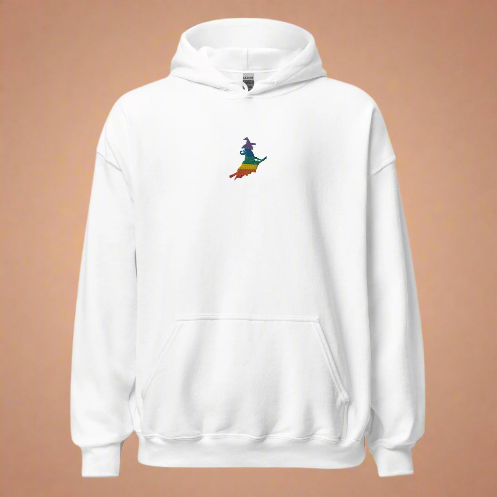 Sudadera unisex con capucha bordada de Halloween con bruja arcoíris