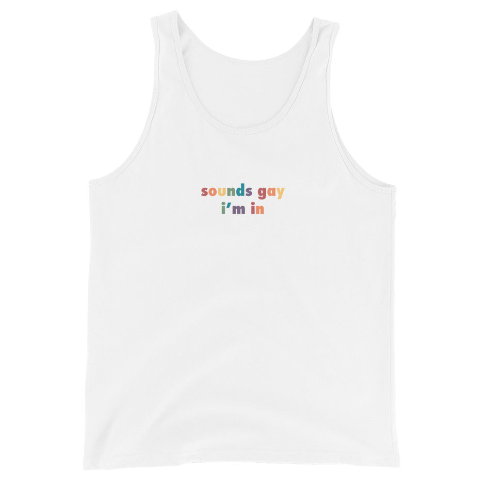 Camiseta sin mangas unisex con el mensaje "Suena gay"
